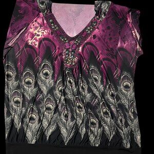Maurices V-neck Top Womens Sz 2 Cap Sleeve Peacock Feathers Bling Gathered Waist